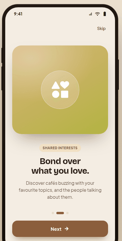 CafeConnects app screen inviting you to bond over shared interests